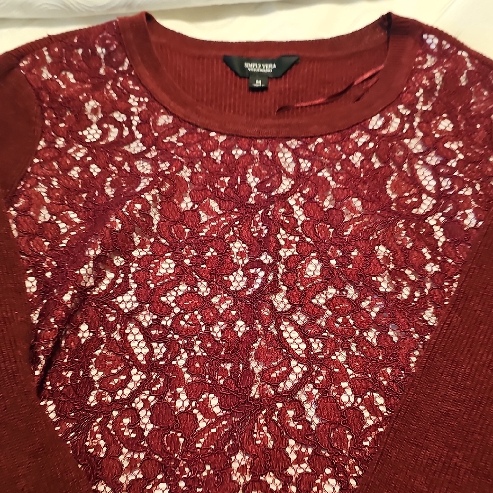 Simply Vera Vera Wang Maroon Lace Overlay Sweater Womans Medium - Picture 3 of 13
